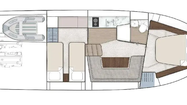 Boat layout diagram featuring a cabin with a bed, seating area, kitchen space, and bathroom, plus an exterior drawing of a dinghy.